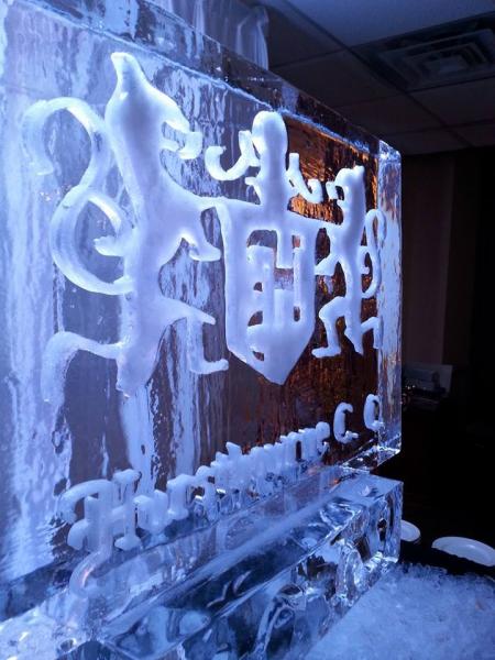 This ice sculpture features a logo.